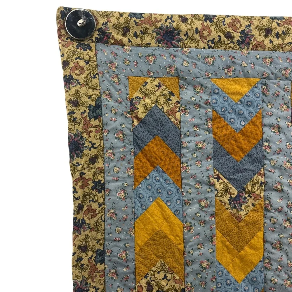 Handmade Chevron Quilted Wall Hanging Floral Patchwork Mustard Blue 33x48